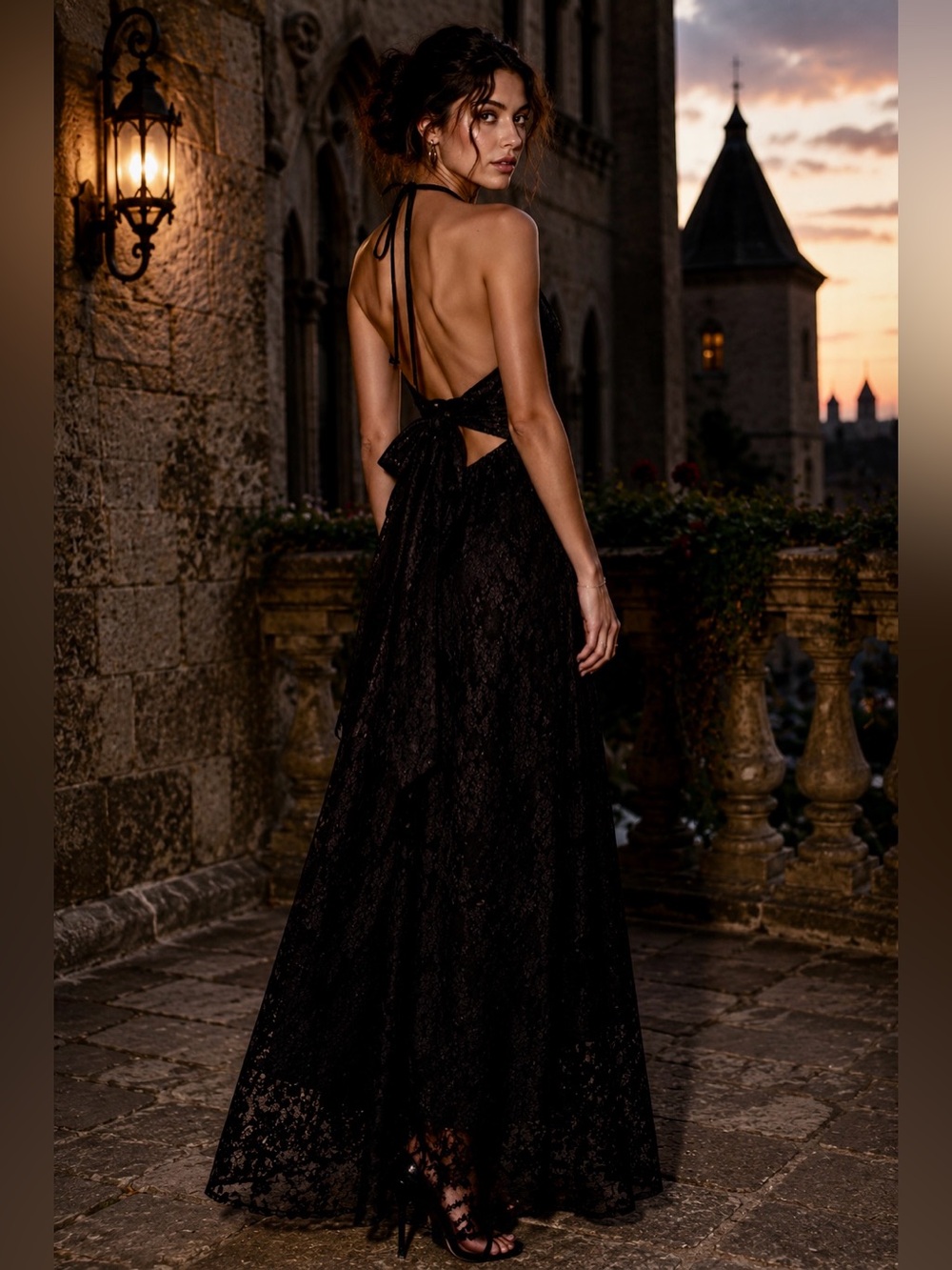 Elegant Black Lace Maxi Dress with Open Back
